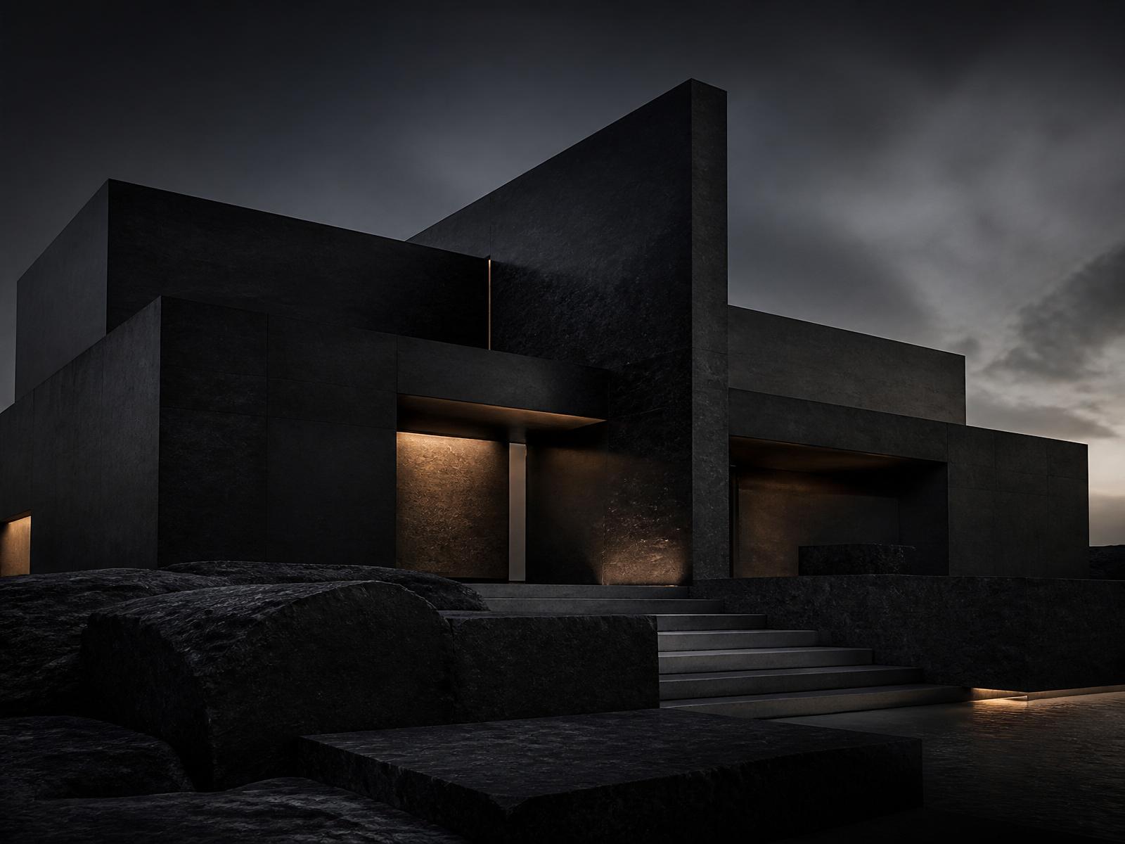 Monolithic architectural residential form at dusk